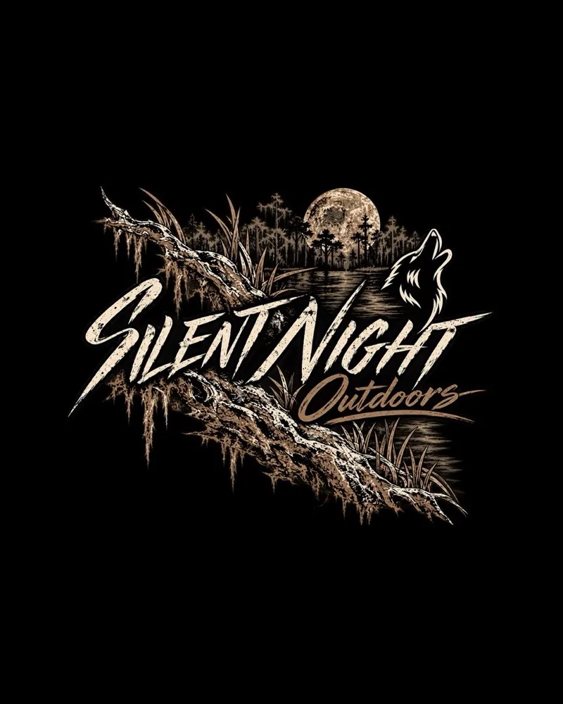 Silent Night Outdoors wolf artwork with a moonlit woodland and water scene